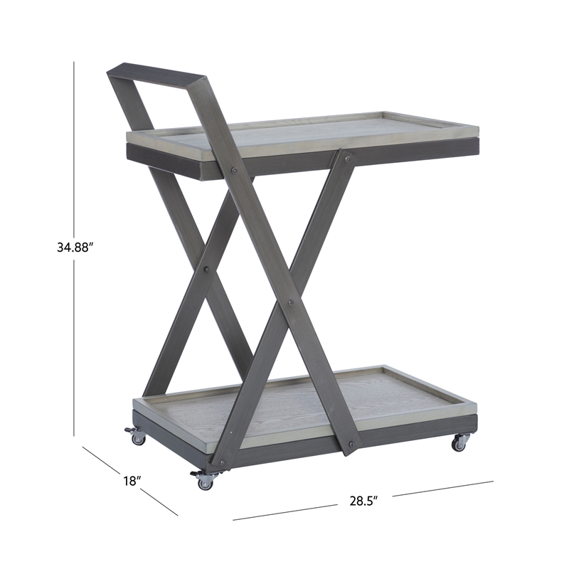 Linon Carley Antique White Wood 2 Level Rolling Bar Cart Metal Frame in Pewter