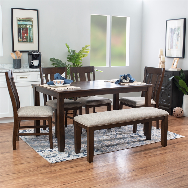 Linon Liz Rustic Wood 6 Piece Upholstered Dining Set 4 Chairs & Bench in Brown