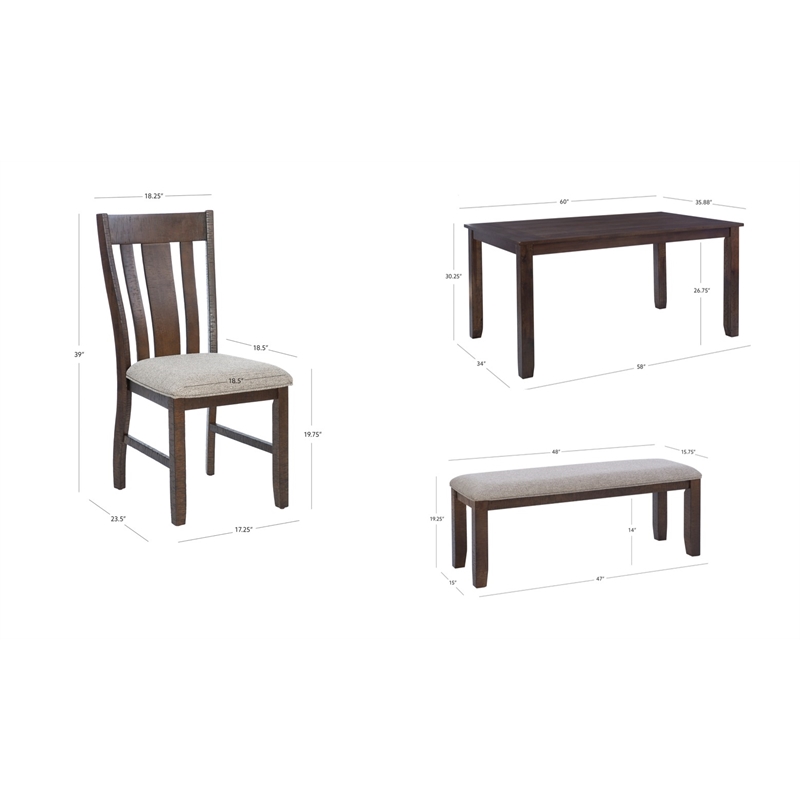 Linon Liz Rustic Wood 6 Piece Upholstered Dining Set 4 Chairs & Bench in Brown