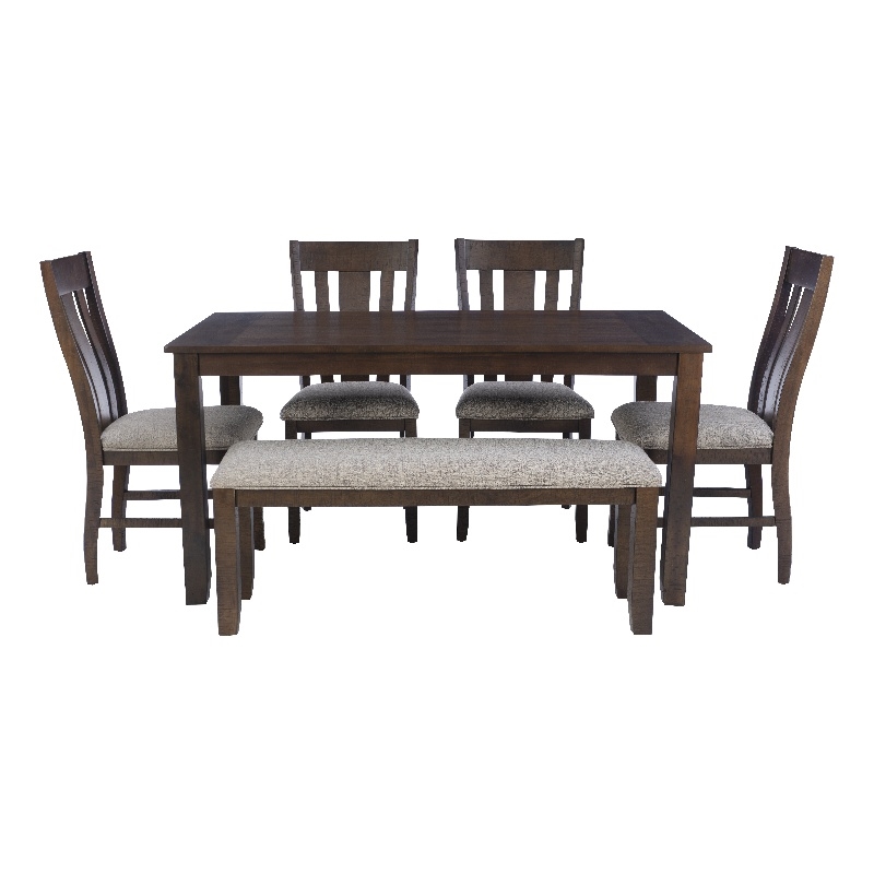 Linon Liz Rustic Wood 6 Piece Upholstered Dining Set 4 Chairs & Bench in Brown