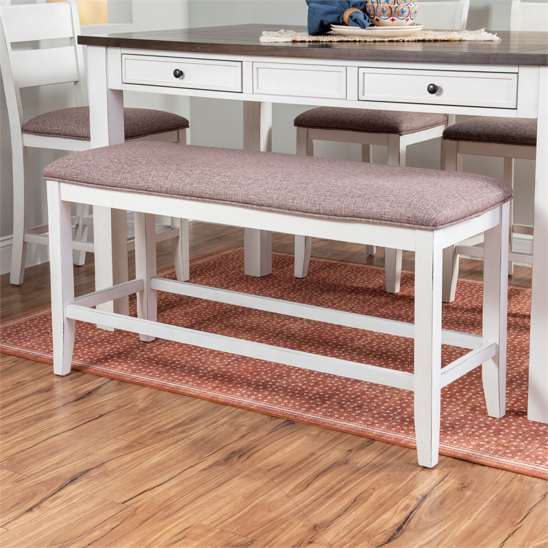 Linon Dee Rustic Wood 6 Pce Counter Dining Set 4 Chairs & Bench in Antique White
