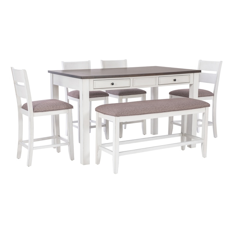 Linon Dee Rustic Wood 6 Pce Counter Dining Set 4 Chairs & Bench in Antique White