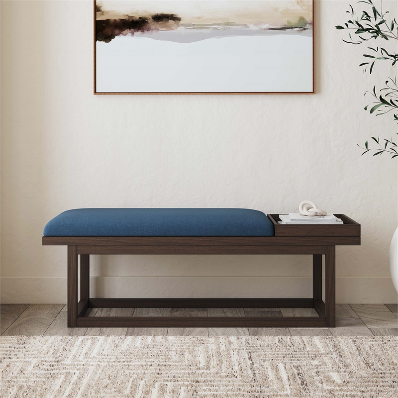 Linon Nate Wood Navy Upholstered Bench with Removable Storage Tray in Dark Brown