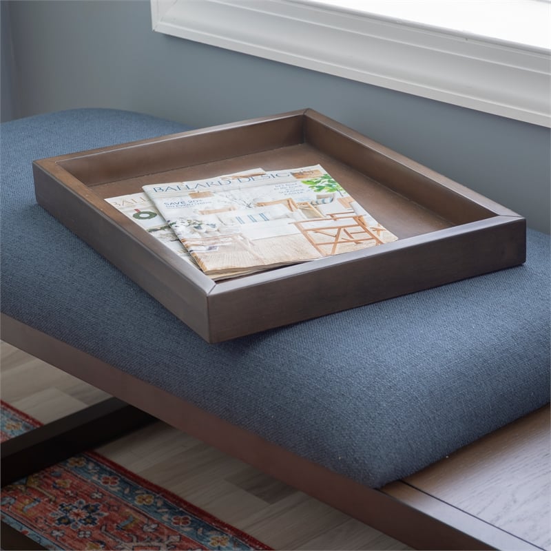 Linon Nate Wood Navy Upholstered Bench with Removable Storage Tray in Dark Brown