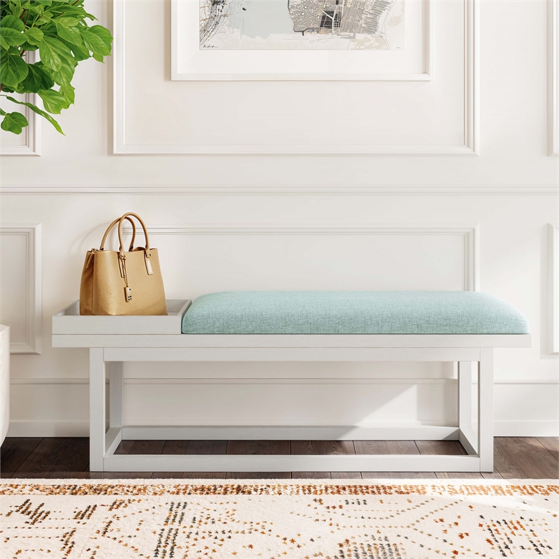 Linon Nate Wood Aqua Upholstered Bench with Removable Storage Tray in Whitewash