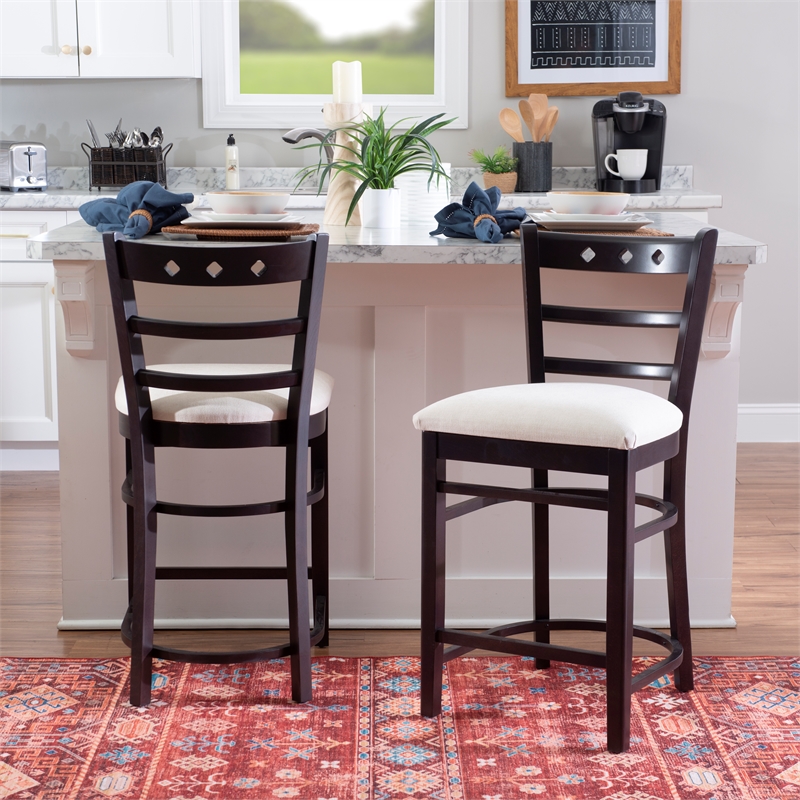 Linon Sloan Set of 2 Padded Seat Ladder Back Counter Stools in Black Beechwood