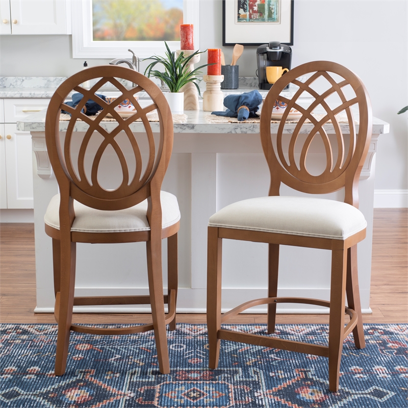 Linon Paxton Ornamental Backrest Set of 2 Counter Stool in Light Brown Beechwood