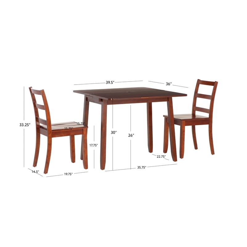 Linon Breia 3-Piece Dining Set Extendable Storage Tabletop in Cherry Wood Finish