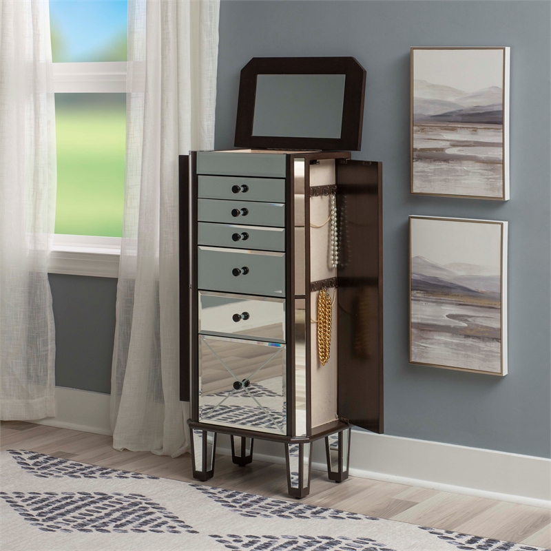 Linon Jessa 6-Drawer Flip Top Jewelry Armoire in Mirror and Walnut Brown Wood