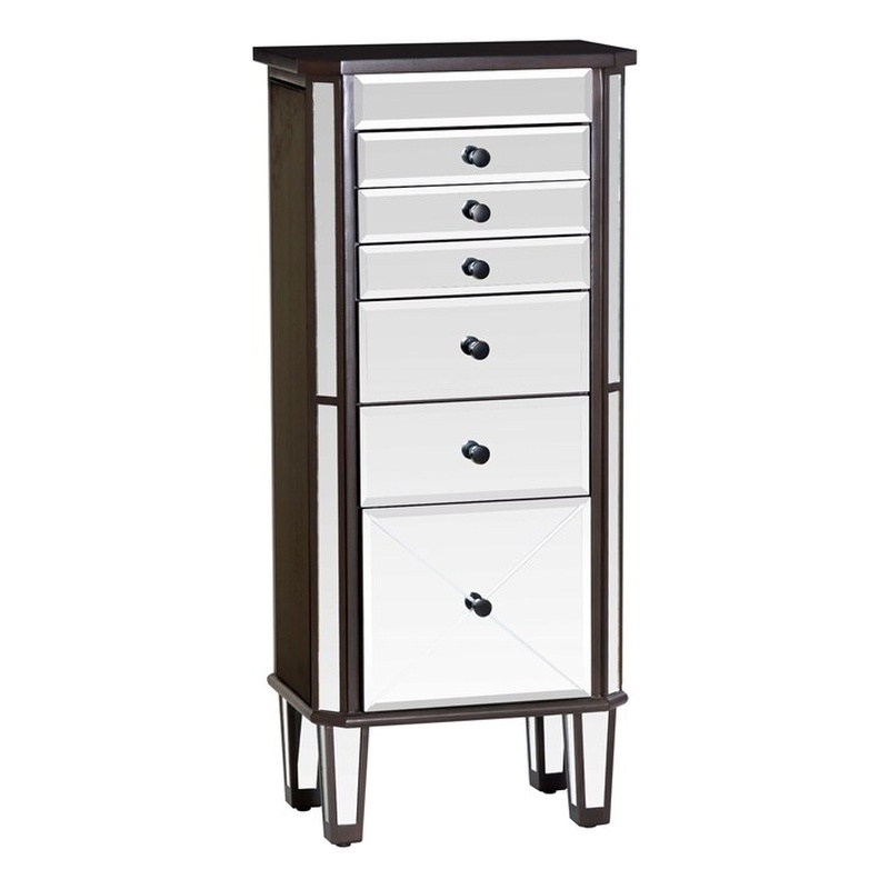 Linon Jessa 6-Drawer Flip Top Jewelry Armoire in Mirror and Walnut Brown Wood