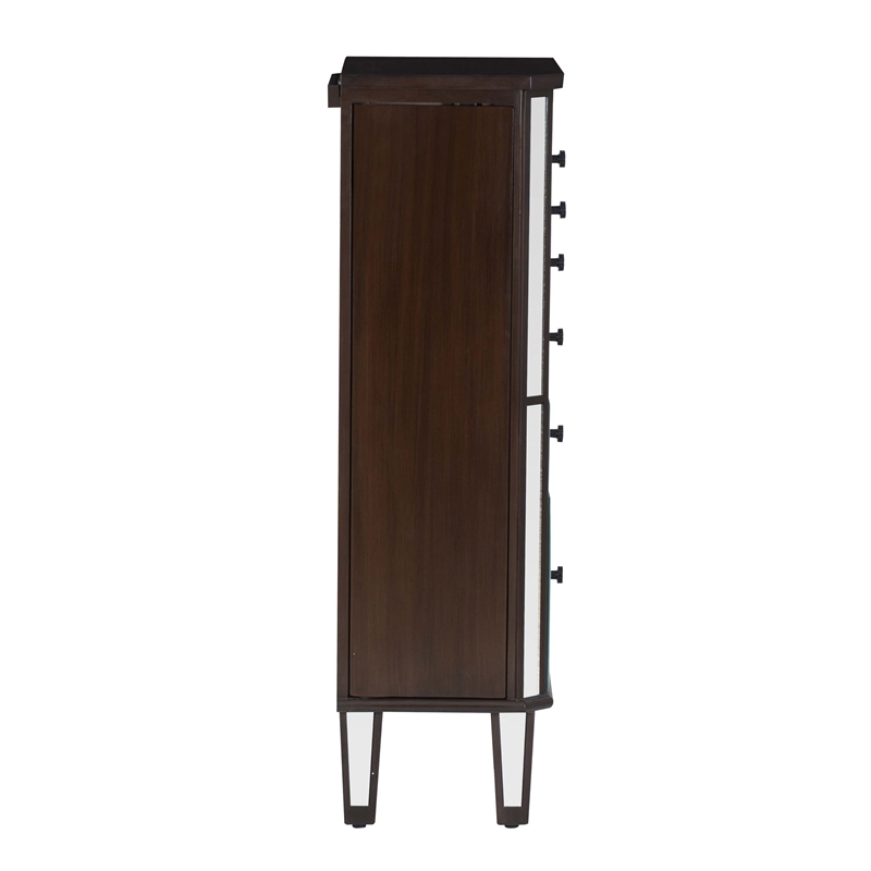 Linon Jessa 6-Drawer Flip Top Jewelry Armoire in Mirror and Walnut Brown Wood