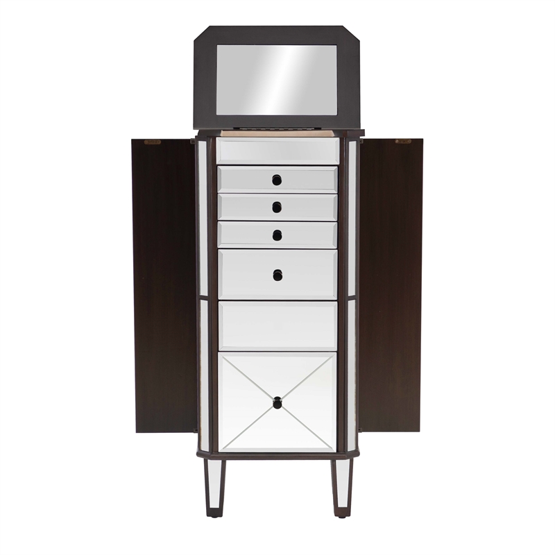Linon Jessa 6-Drawer Flip Top Jewelry Armoire in Mirror and Walnut Brown Wood