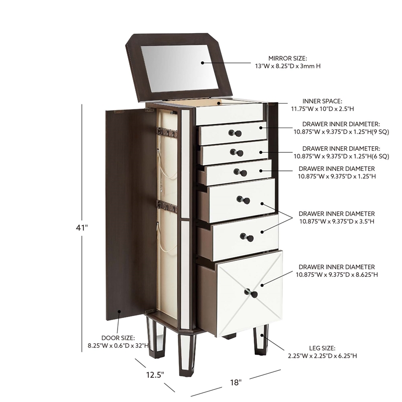 Linon Jessa 6-Drawer Flip Top Jewelry Armoire in Mirror and Walnut Brown Wood