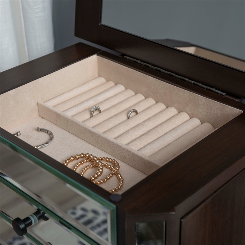 Linon Jessa 6-Drawer Flip Top Jewelry Armoire in Mirror and Walnut Brown Wood