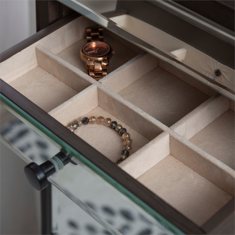 Linon Jessa 6-Drawer Flip Top Jewelry Armoire in Mirror and Walnut Brown Wood