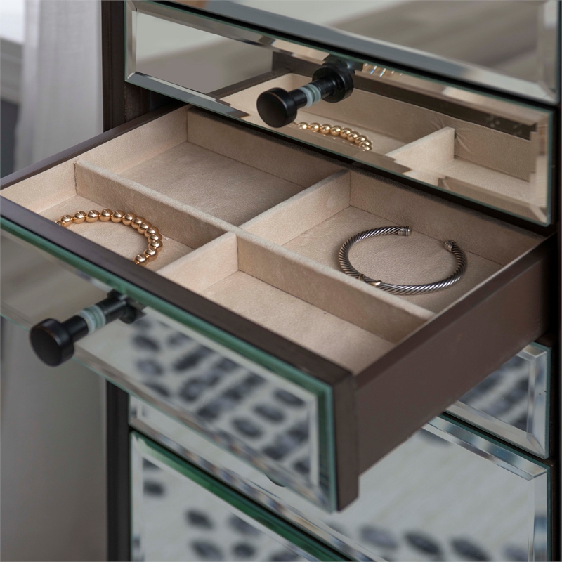 Linon Jessa 6-Drawer Flip Top Jewelry Armoire in Mirror and Walnut Brown Wood