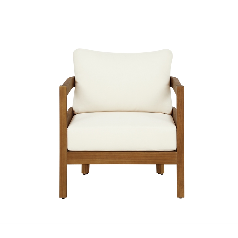 Linon Seacrest Slat Back Club Chair with Beige Cushions in Brown Acacia Wood