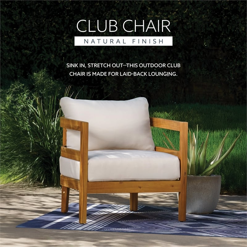 Linon Seacrest Slat Back Club Chair with Beige Cushions in Brown Acacia Wood