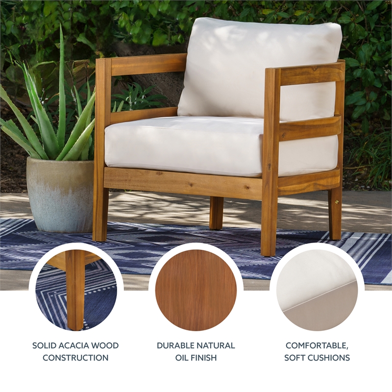 Linon Seacrest Slat Back Club Chair with Beige Cushions in Brown Acacia Wood