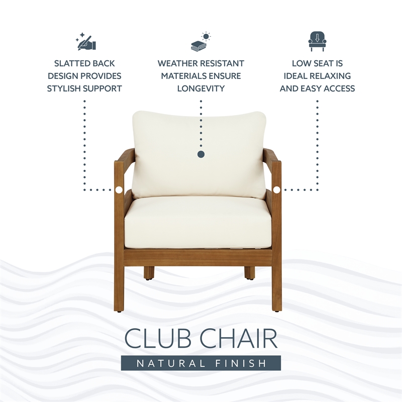 Linon Seacrest Slat Back Club Chair with Beige Cushions in Brown Acacia Wood
