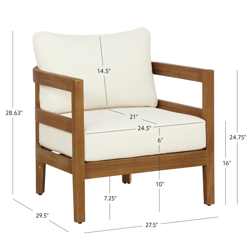 Linon Seacrest Slat Back Club Chair with Beige Cushions in Brown Acacia Wood