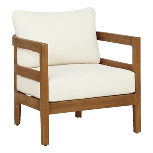 Linon Seacrest Slat Back Club Chair with Beige Cushions in Brown Acacia Wood