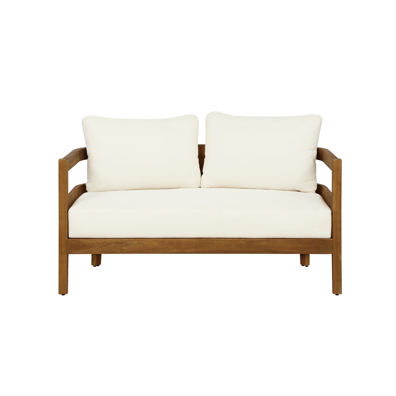 Linon Seacrest Loveseat and Table Set with Beige Cushions in Brown Acacia Wood