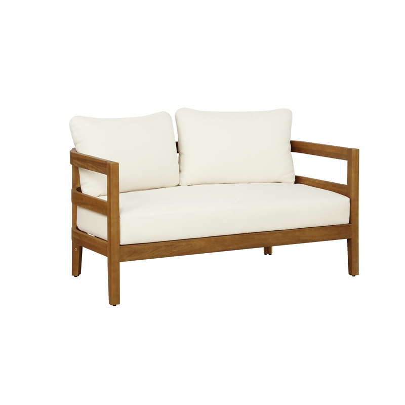 Linon Seacrest Loveseat and Table Set with Beige Cushions in Brown Acacia Wood