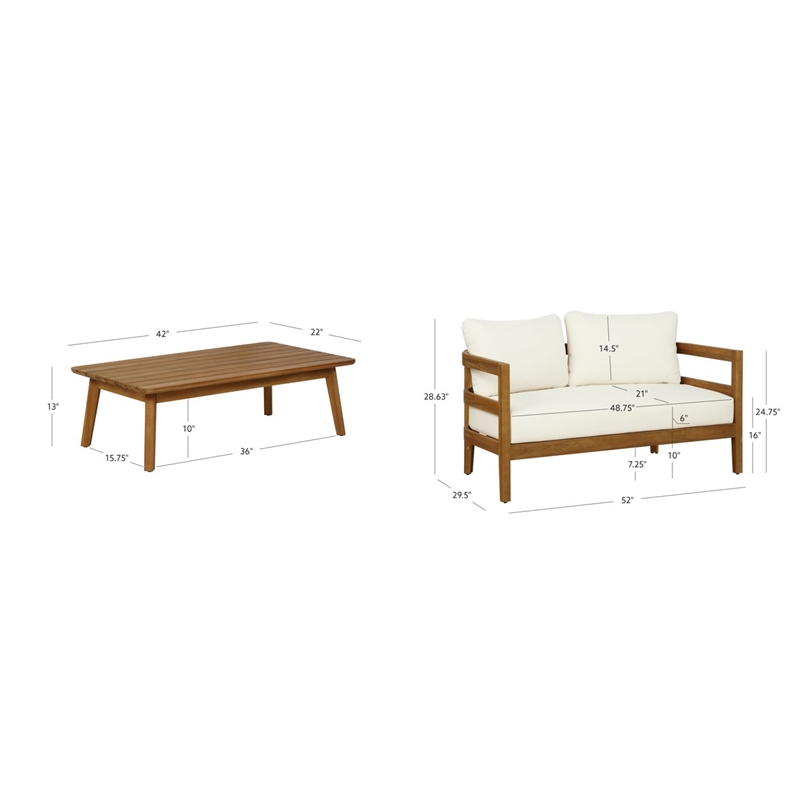 Linon Seacrest Loveseat and Table Set with Beige Cushions in Brown Acacia Wood