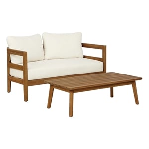 seacrest acacia wood loveseat and table set beige cushions in brown oil finish