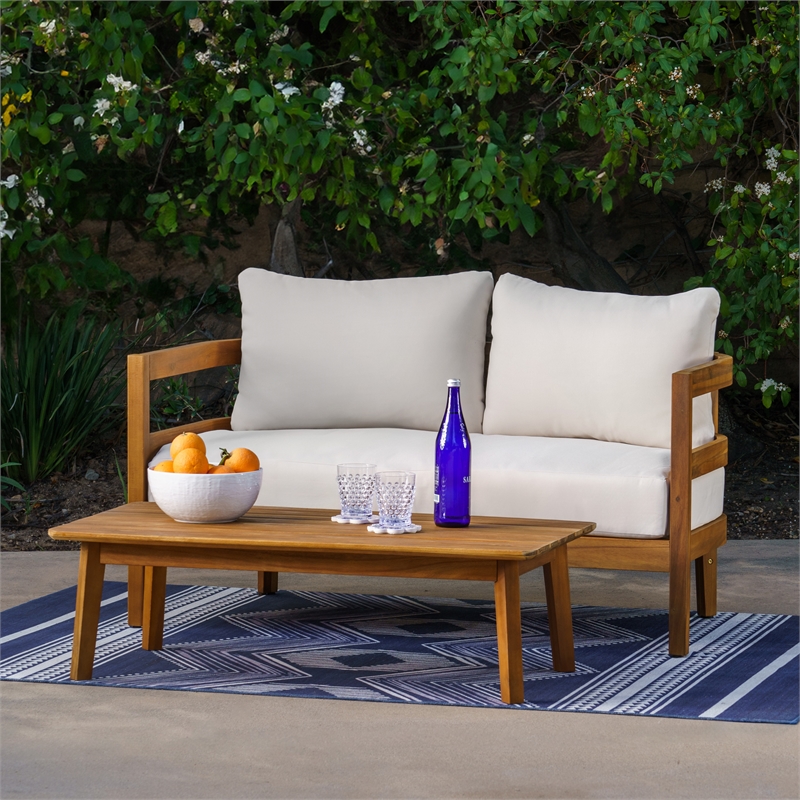 Linon Seacrest Loveseat and Table Set with Beige Cushions in Brown Acacia Wood