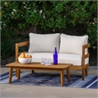 Linon Seacrest Loveseat and Table Set with Beige Cushions in Brown Acacia Wood