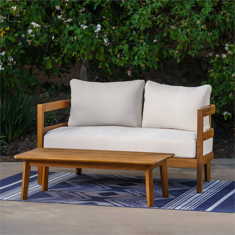 Linon Seacrest Loveseat and Table Set with Beige Cushions in Brown Acacia Wood