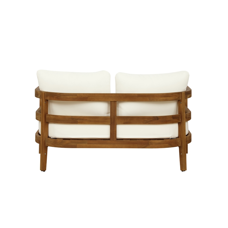 Linon Seacrest Loveseat/Table/2 Chair Set & Beige Cushions in Brown Acacia Wood