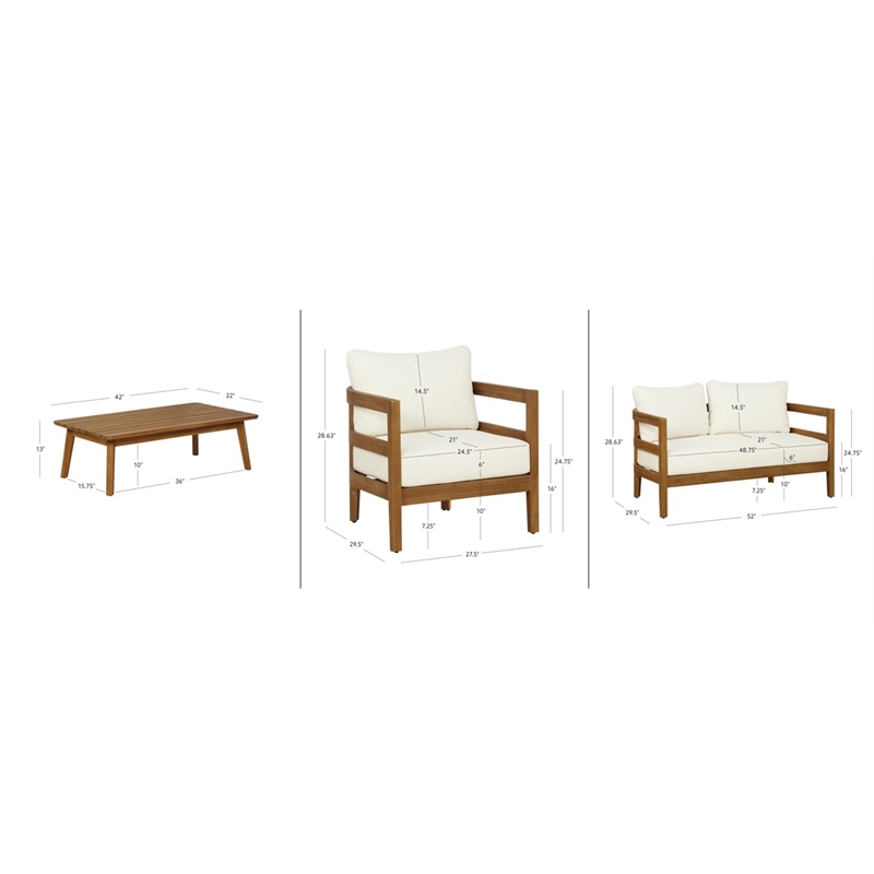 Linon Seacrest Loveseat/Table/2 Chair Set & Beige Cushions in Brown Acacia Wood