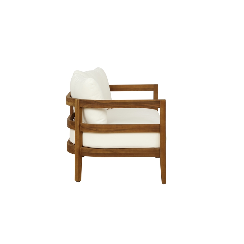 Linon Seacrest Loveseat/Table/2 Chair Set & Beige Cushions in Brown Acacia Wood