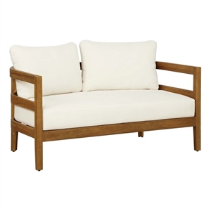seacrest acacia wood loveseat table & 2 chair set beige cushions in brown finish
