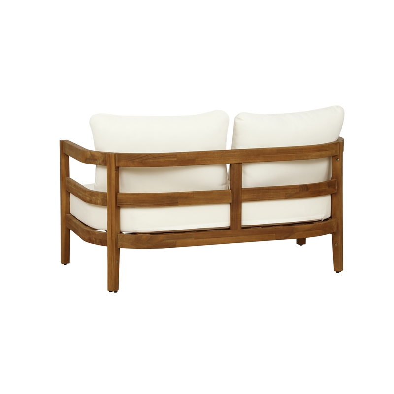 Linon Seacrest Loveseat/Table/2 Chair Set & Beige Cushions in Brown Acacia Wood