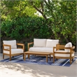 Linon Seacrest Loveseat/Table/2 Chair Set & Beige Cushions in Brown Acacia Wood