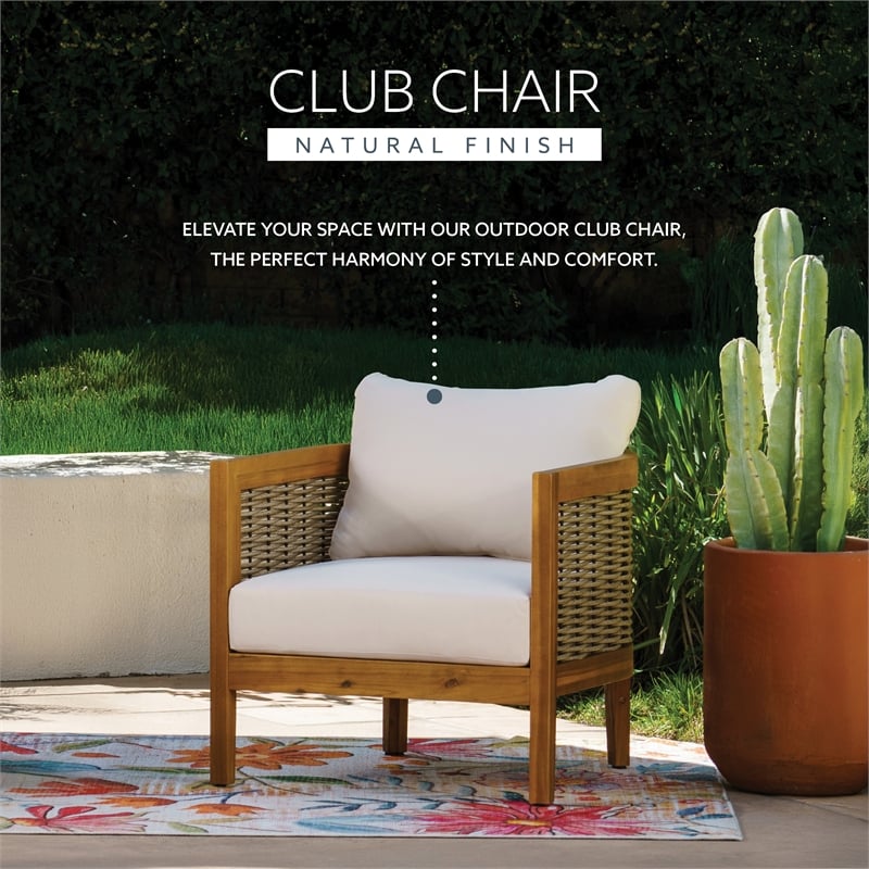 Linon Panama Club Chair with Beige Cushions in Brown Oil Finished Acacia Wood