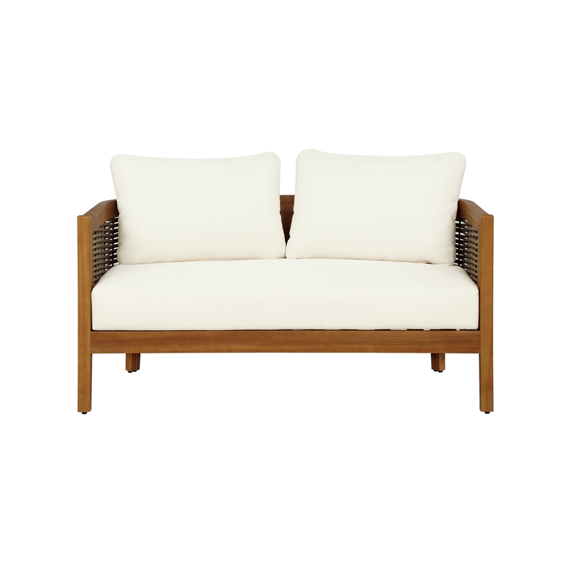 Linon Panama Loveseat & Table Set with Beige Cushions in Brown Acacia Wood