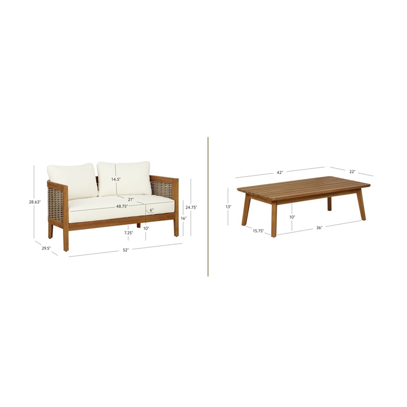 Linon Panama Loveseat & Table Set with Beige Cushions in Brown Acacia Wood