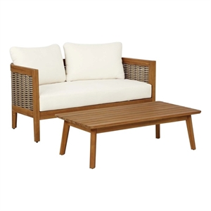 panama acacia & faux rattan loveseat & table set beige cushions in brown finish
