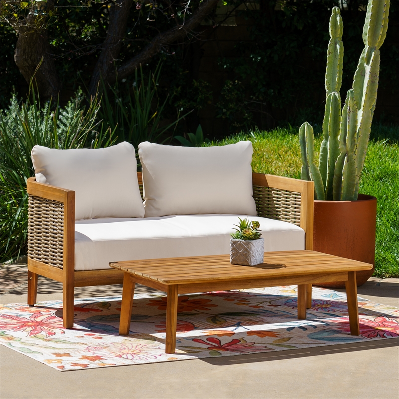 Linon Panama Loveseat & Table Set with Beige Cushions in Brown Acacia Wood