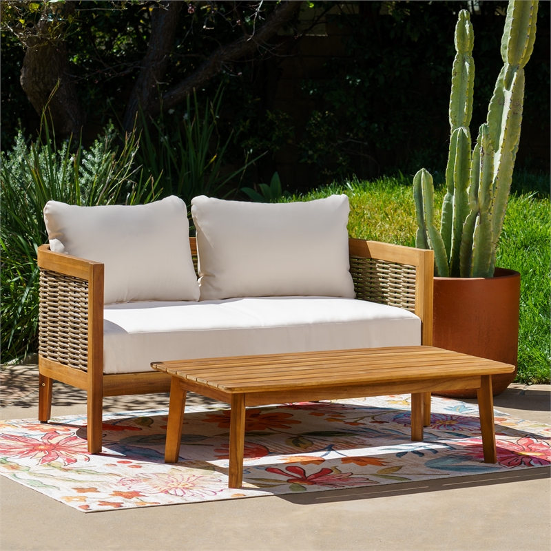 Linon Panama Loveseat & Table Set with Beige Cushions in Brown Acacia Wood