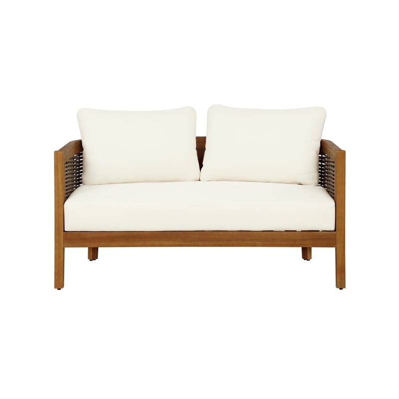 Linon Panama Loveseat Table & 2 Chair Set Beige Cushions in Brown Acacia Wood