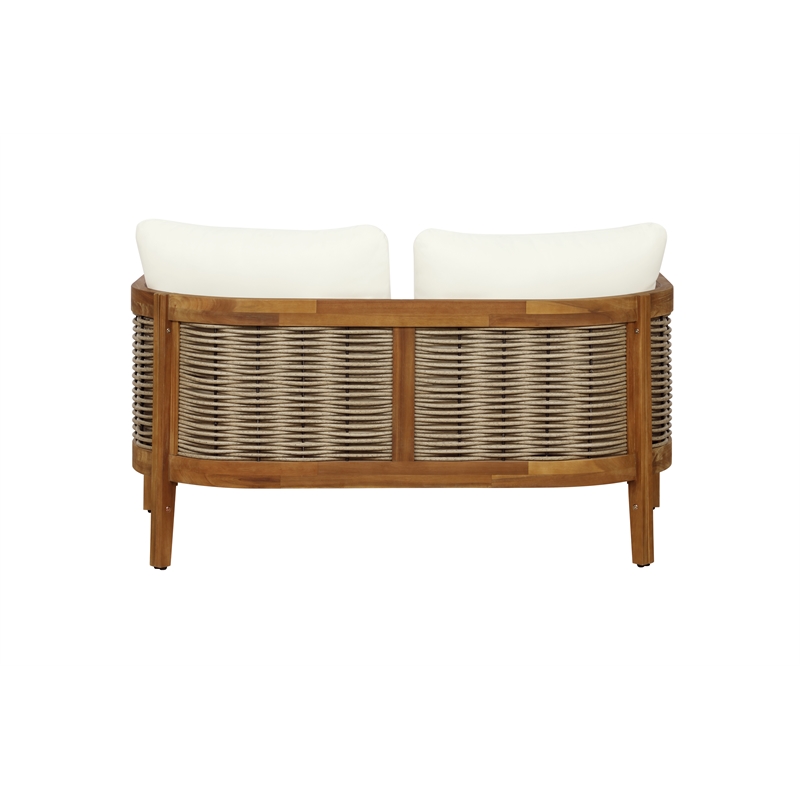 Linon Panama Loveseat Table & 2 Chair Set Beige Cushions in Brown Acacia Wood