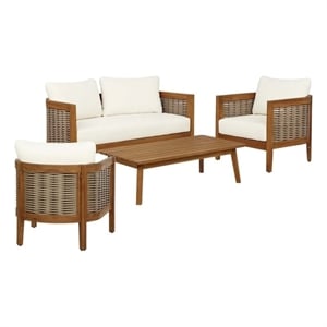 panama acacia & faux rattan loveseat table & 2 chair set beige cushions in brown