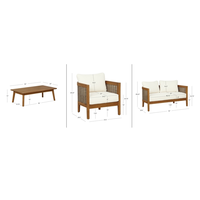 Linon Panama Loveseat Table & 2 Chair Set Beige Cushions in Brown Acacia Wood