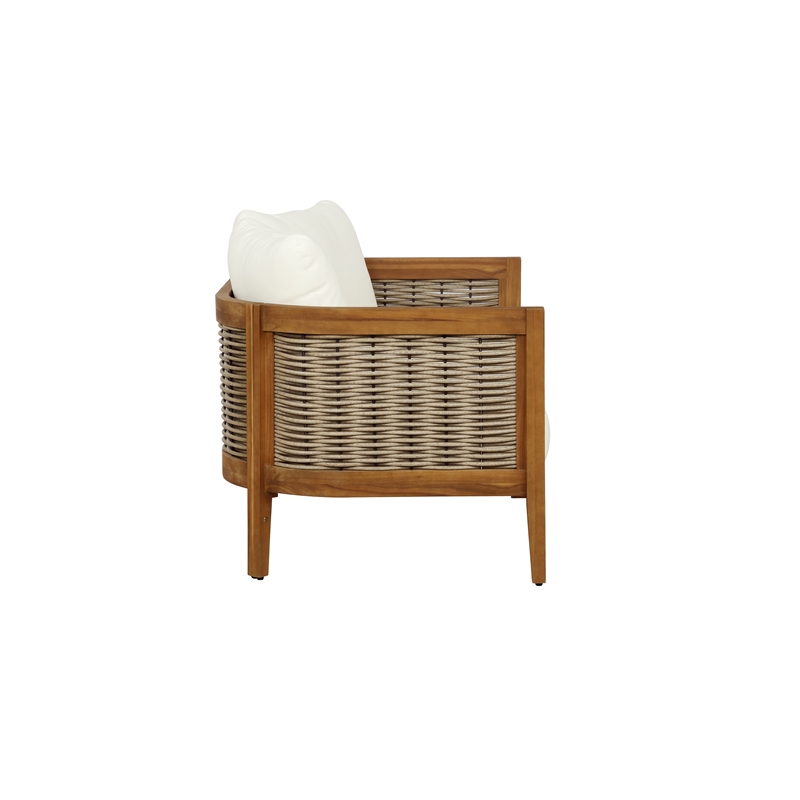 Linon Panama Loveseat Table & 2 Chair Set Beige Cushions in Brown Acacia Wood